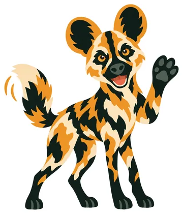 The ChatKNP mascot, a cartoon African wild dog with big gold-rimmed ears and a patchwork coat, waving hello